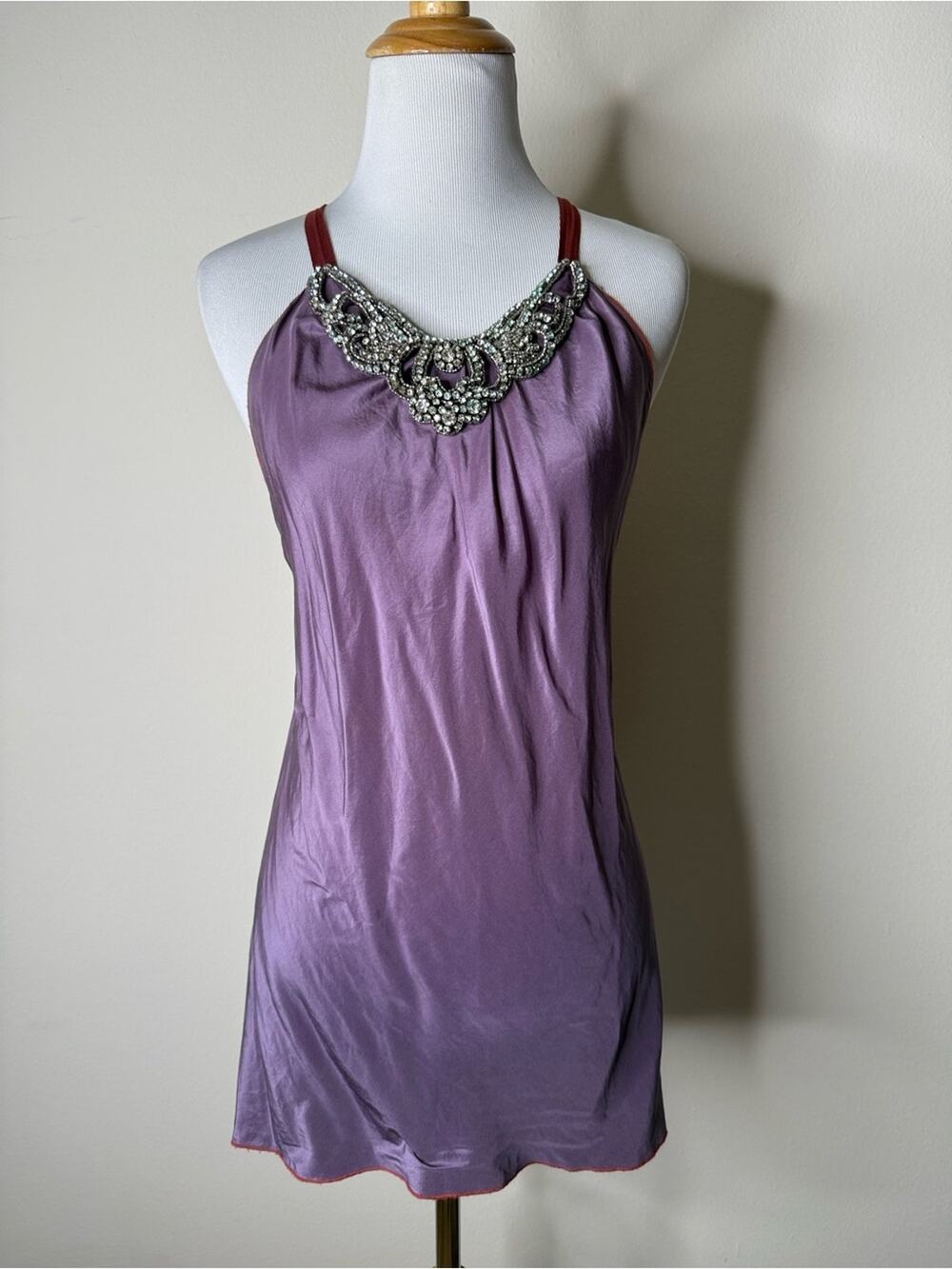 Rozae Nichols Vintage Y2K Purple Silk Rhinestone Embellished Tank
